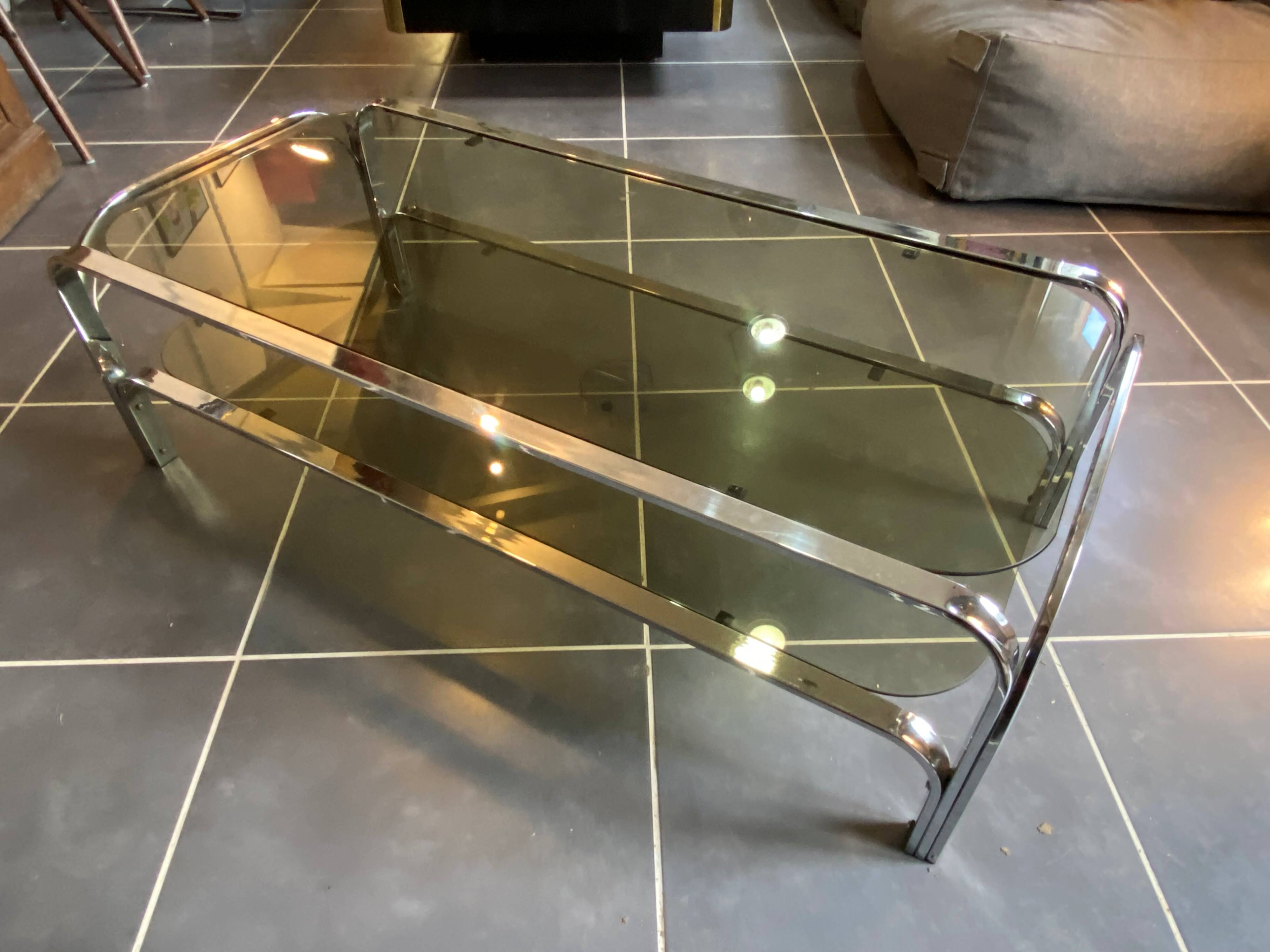 Table basse double plateau verre chrome style Bauhaus vintage 1970