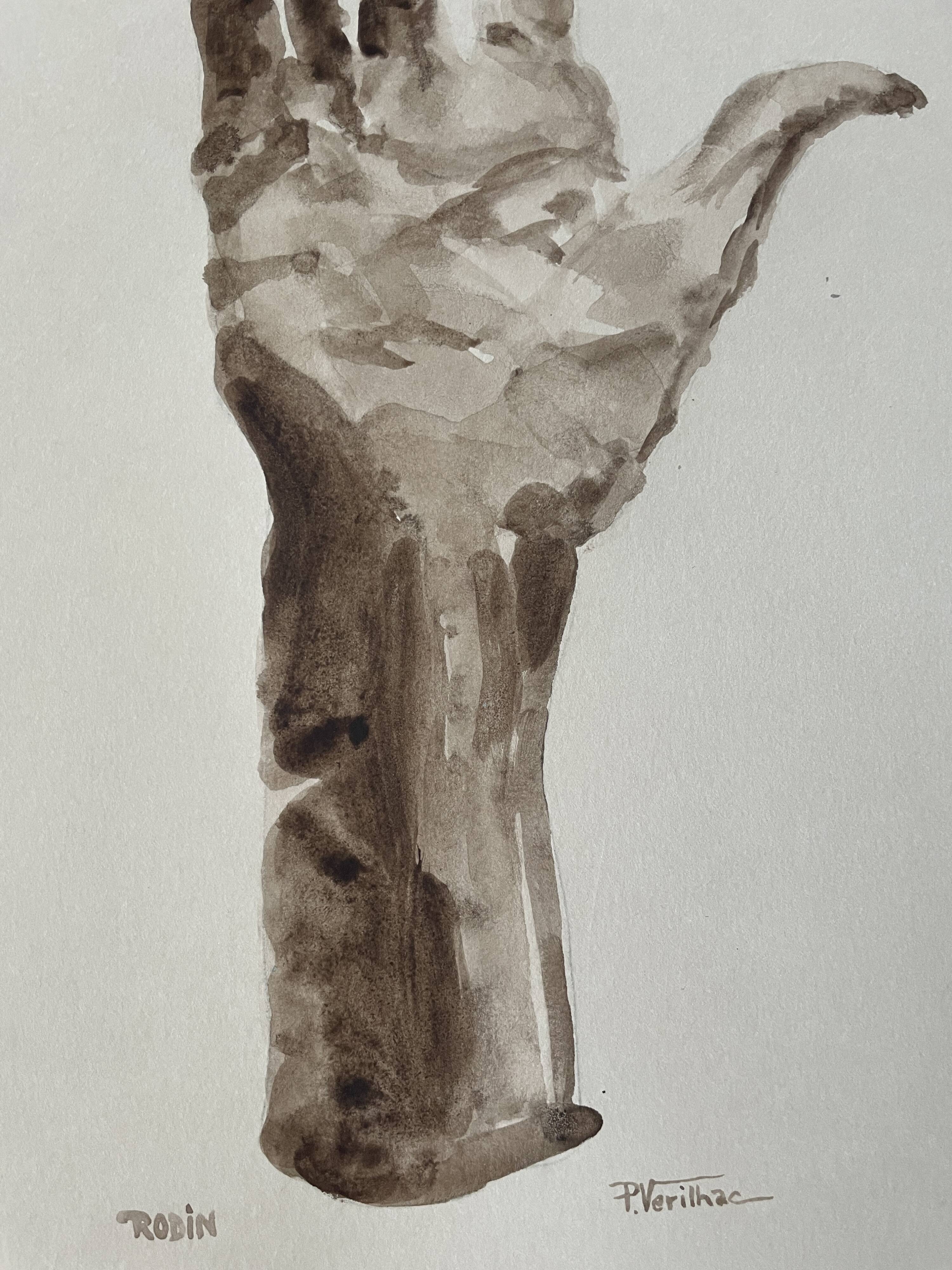 Painting signed watercolor monochrome sepia study statue “the hand reveals the man”