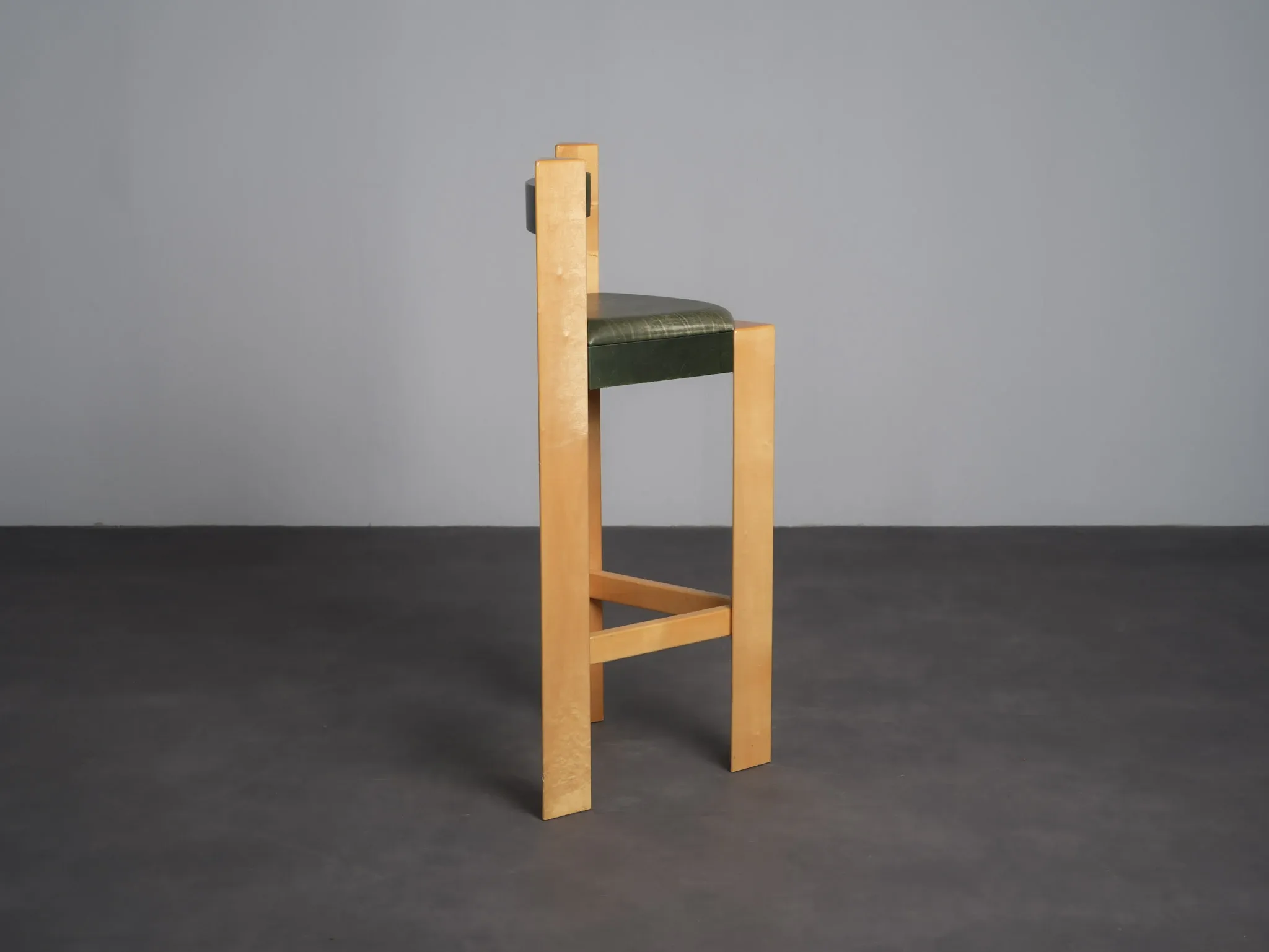 Set of 3 architectural wood and leather bar stools, Netherlands, 1990s