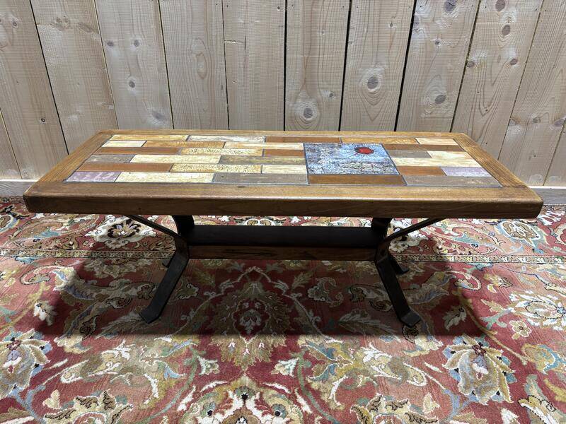 Table basse bois et céramique années 70