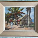 Village malgache, peinture à l'huile originale d'Ambroise Rakoto, vers 1955.