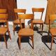6 vintage 1960s wooden bistro chairs with camel faux leather.