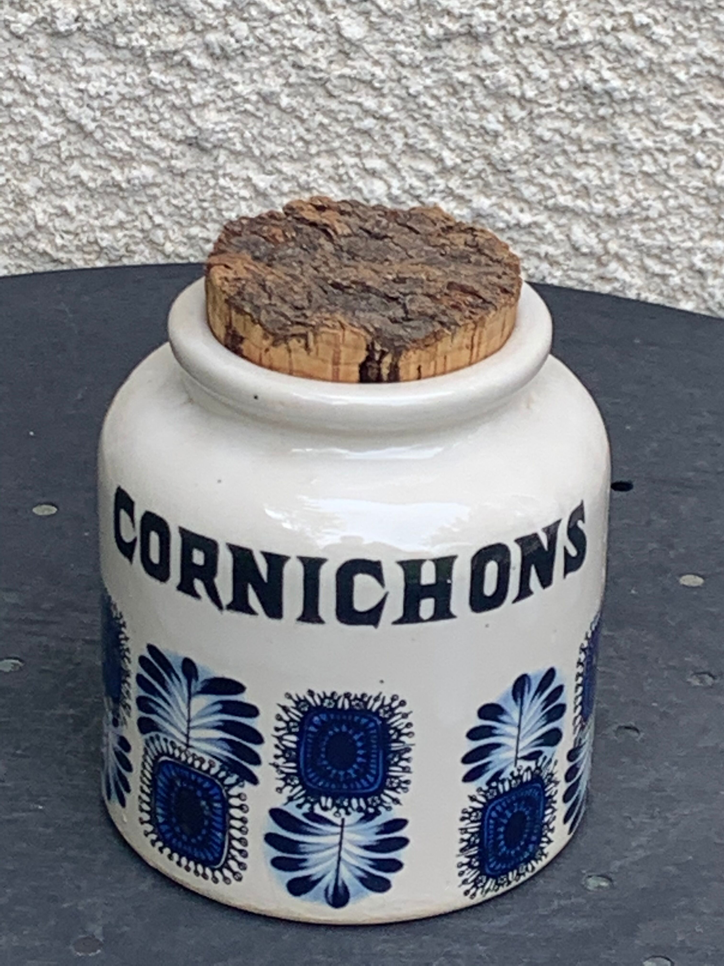 Grey sandstone pot with blue patterns and vintage liege cork 1970