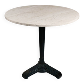 Vintage travertine bistro/dining table with metal base. (B)