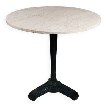 Vintage travertine bistro/dining table with metal base. (B)