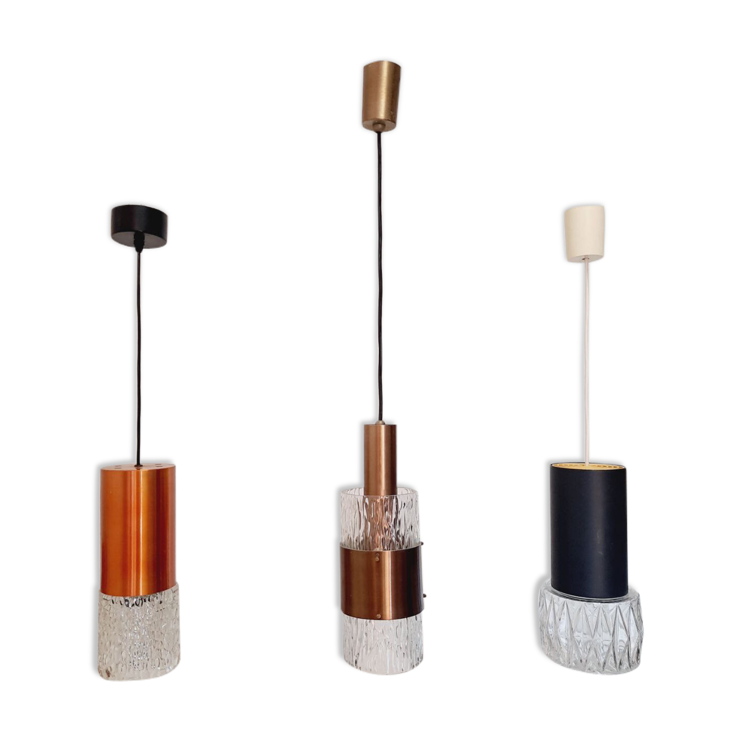 Three vintage suspension lamps, copper aluminum and glass
