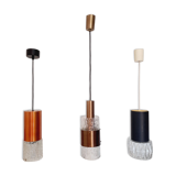 Three vintage suspension lamps, copper aluminum and glass
