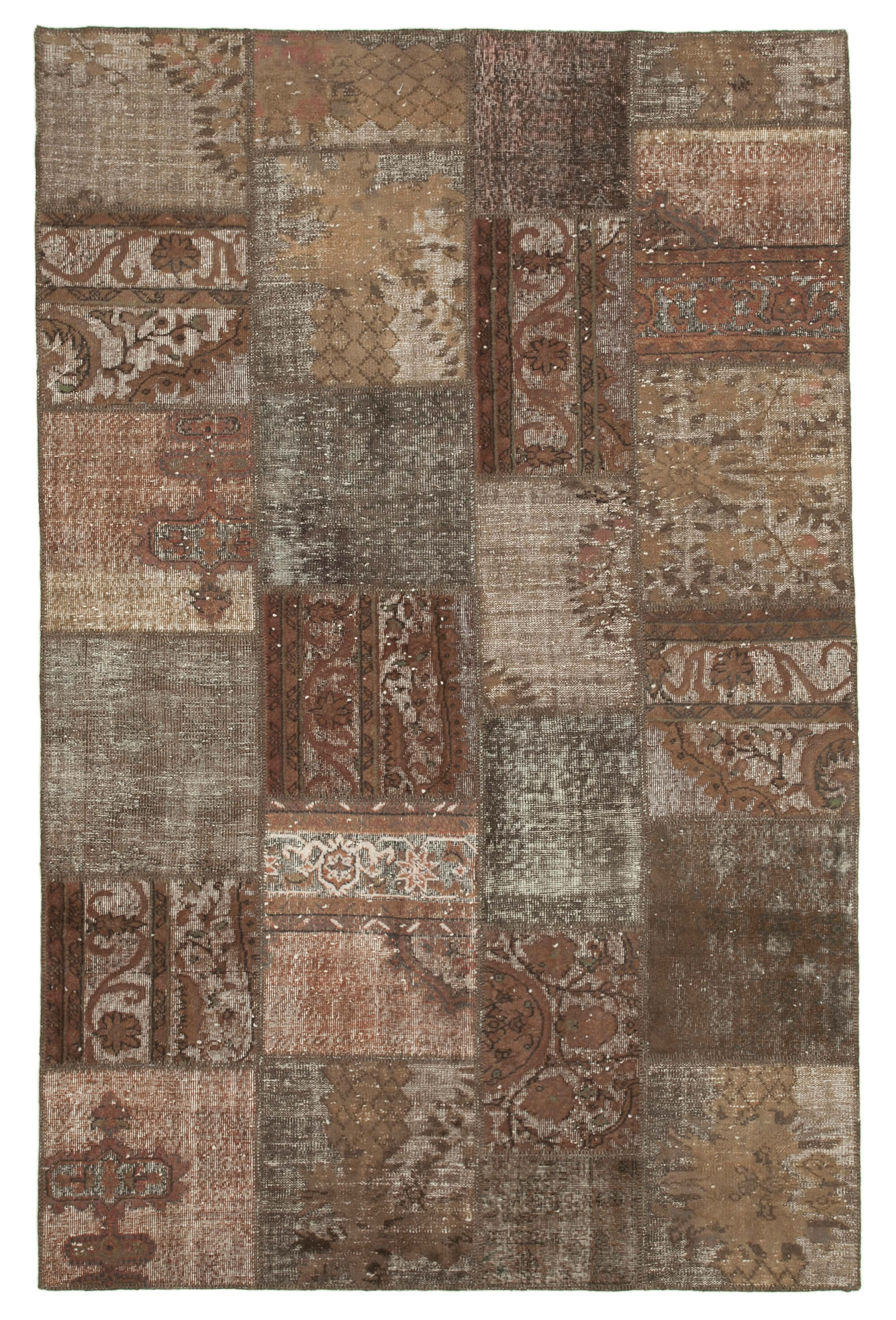 Handwoven oriental vintage 198 cm x 302 cm brown patchwork carpet