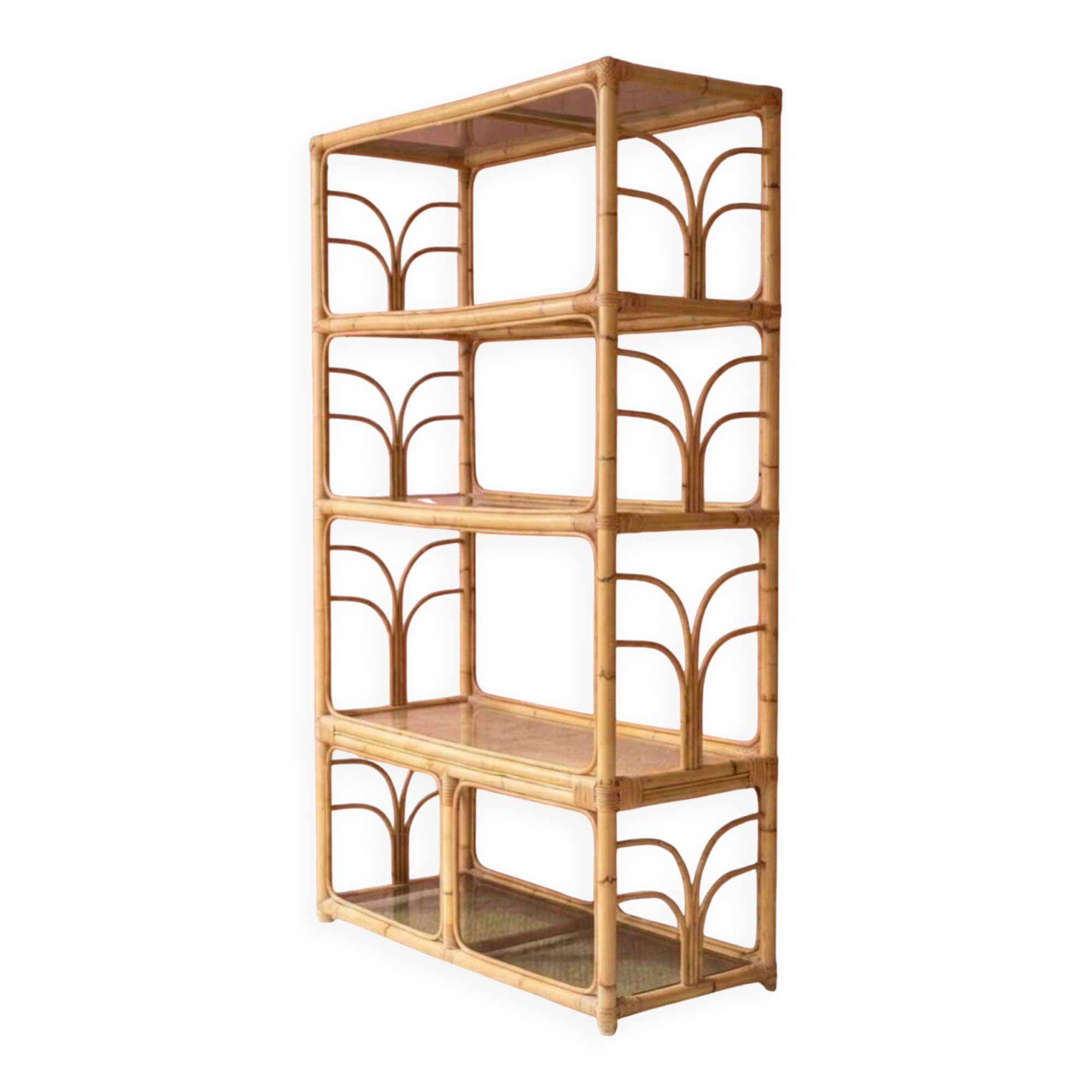 Large shelf in rattan and smoked glass
