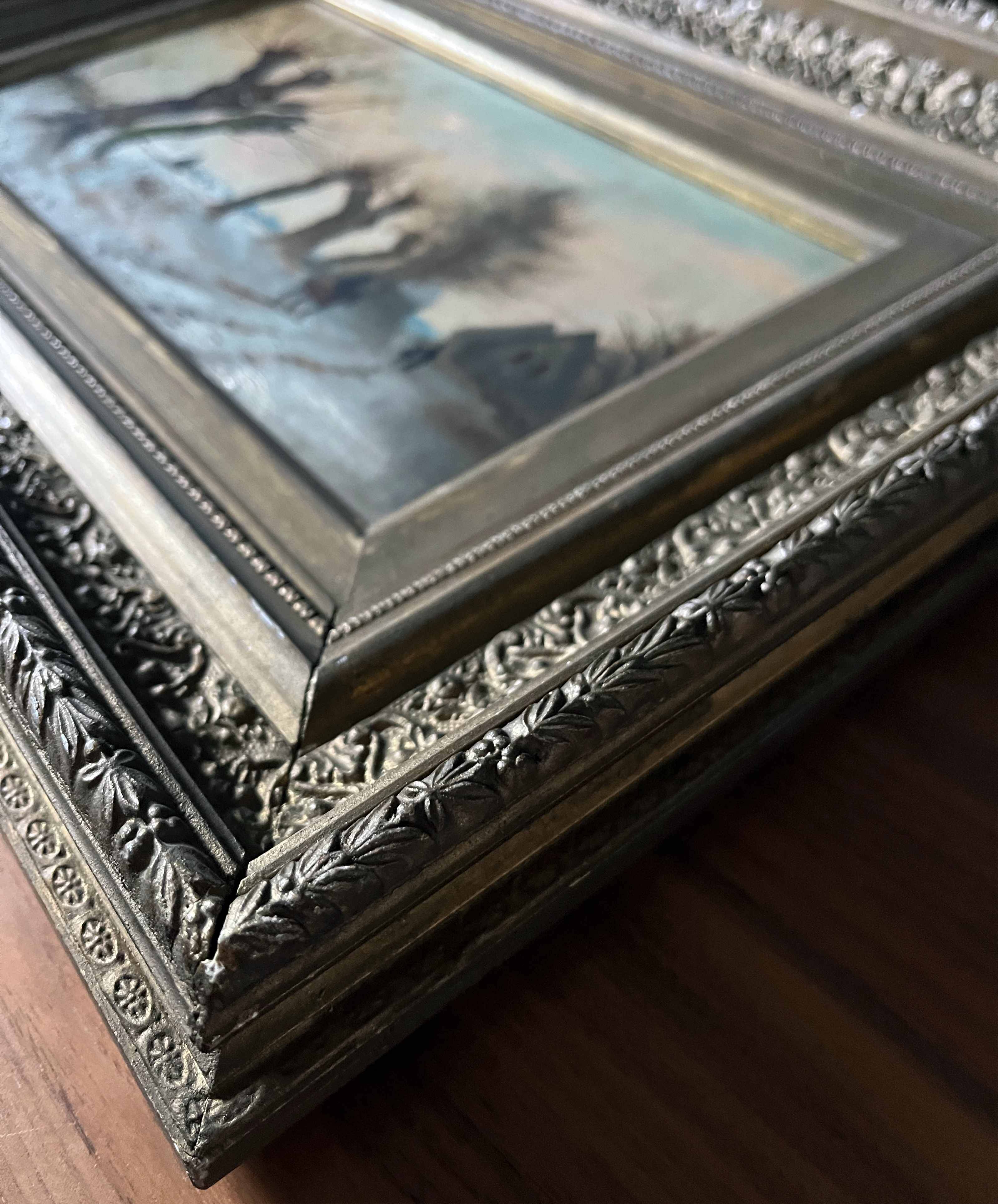 HST painting "Winter landscape with rider" signed Alberty XIX° + frame