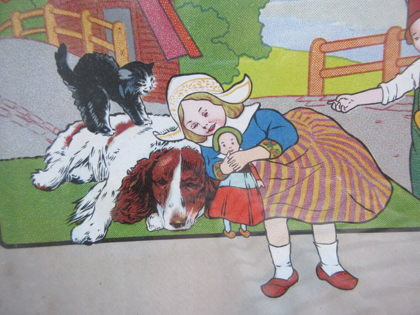 Framed engraving: The Children of Holland, Dog and Cat