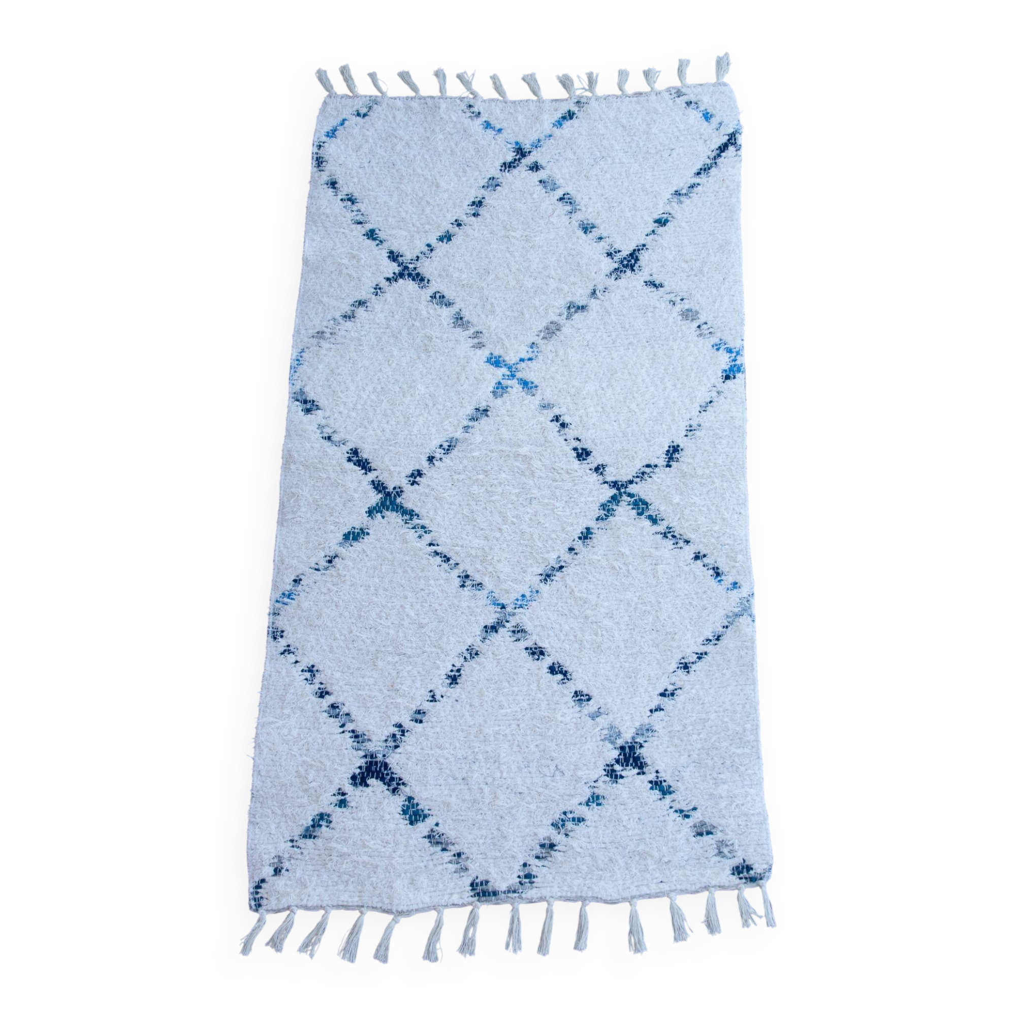 Recycled cotton handcrafted rug - Reversible - Blue and ecru