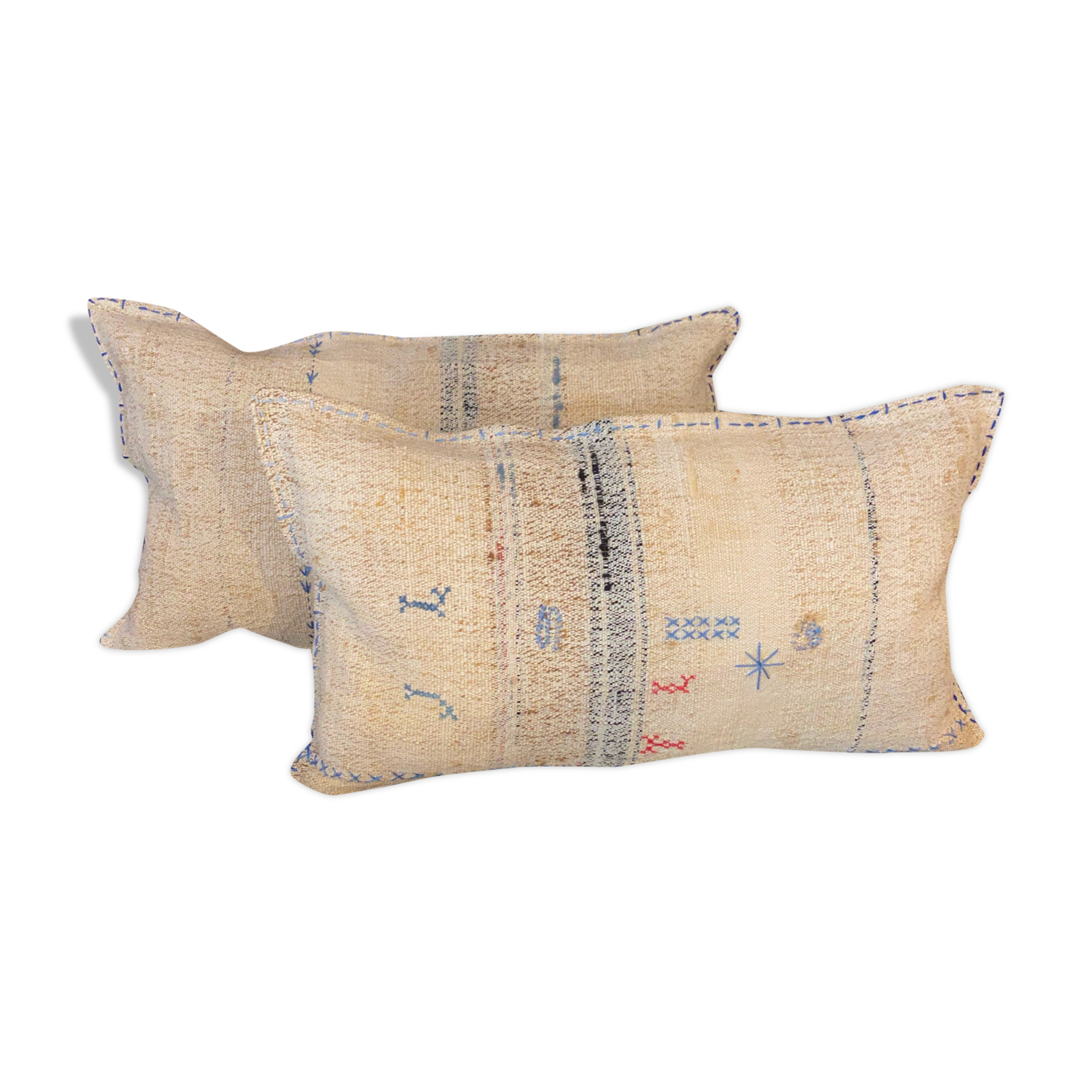 Paire de coussins toile ancienne style kilim - Broderies main et initiales