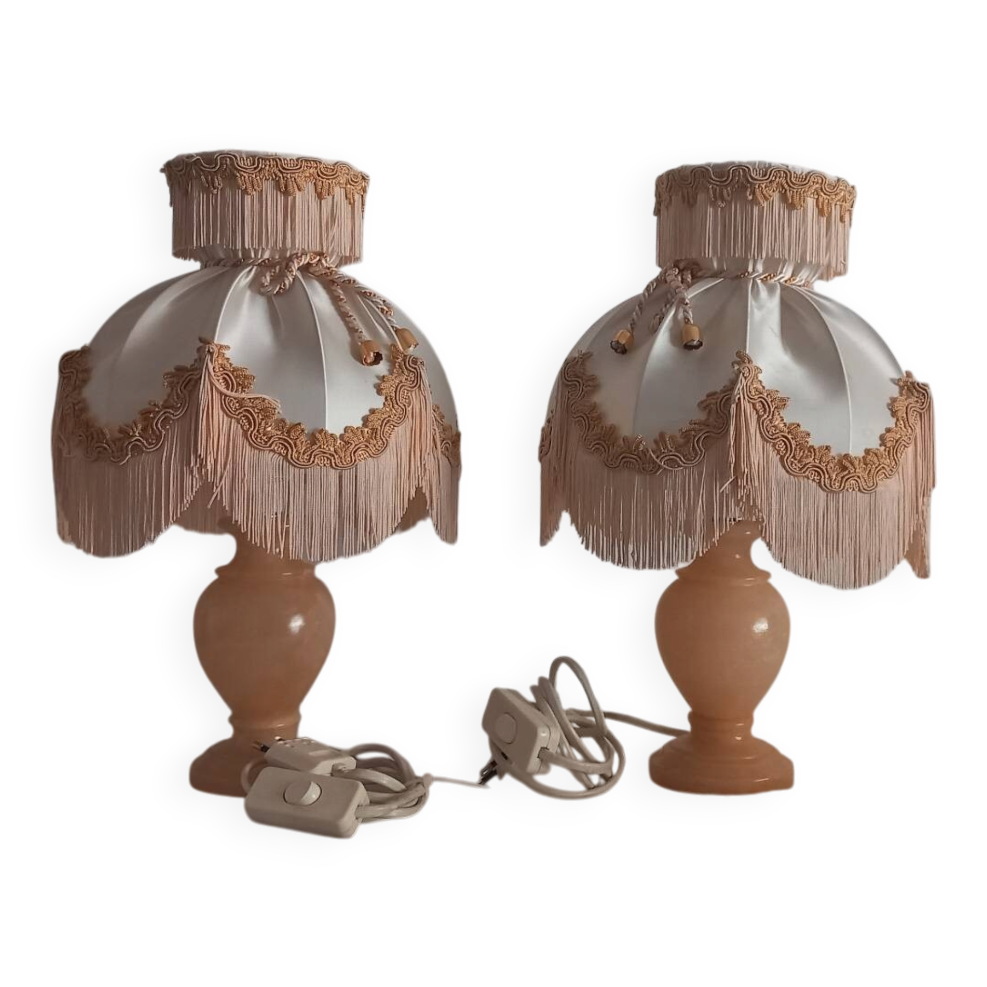 Pair of vintage alabaster lamps in Boudoir style – Fringed lampshade