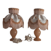 Paire de lampes en albâtre vintage et abat-jour à franges