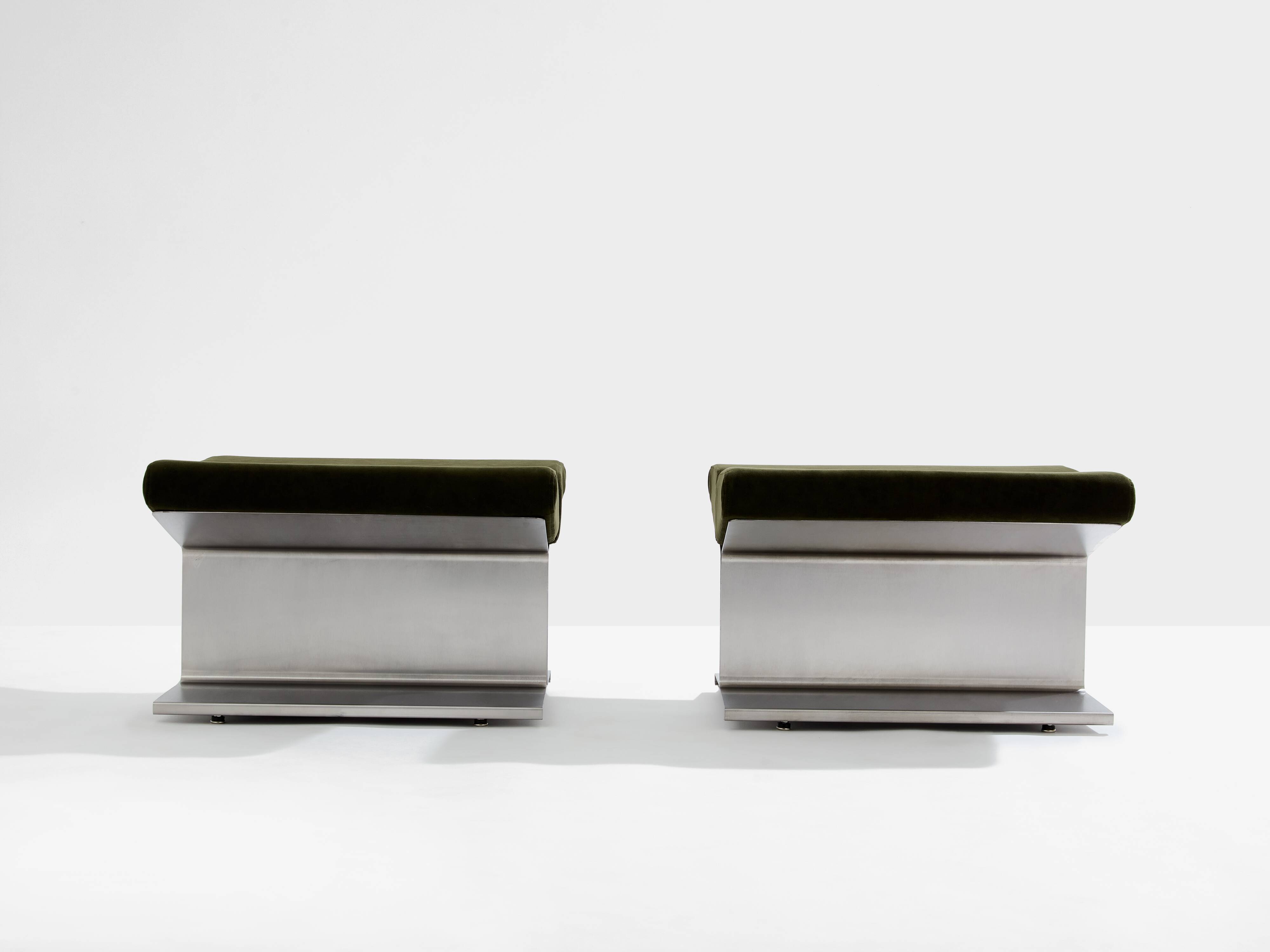 Pair of ottomans by Paul Geoffroy, brushed steel and alcantara, 1975