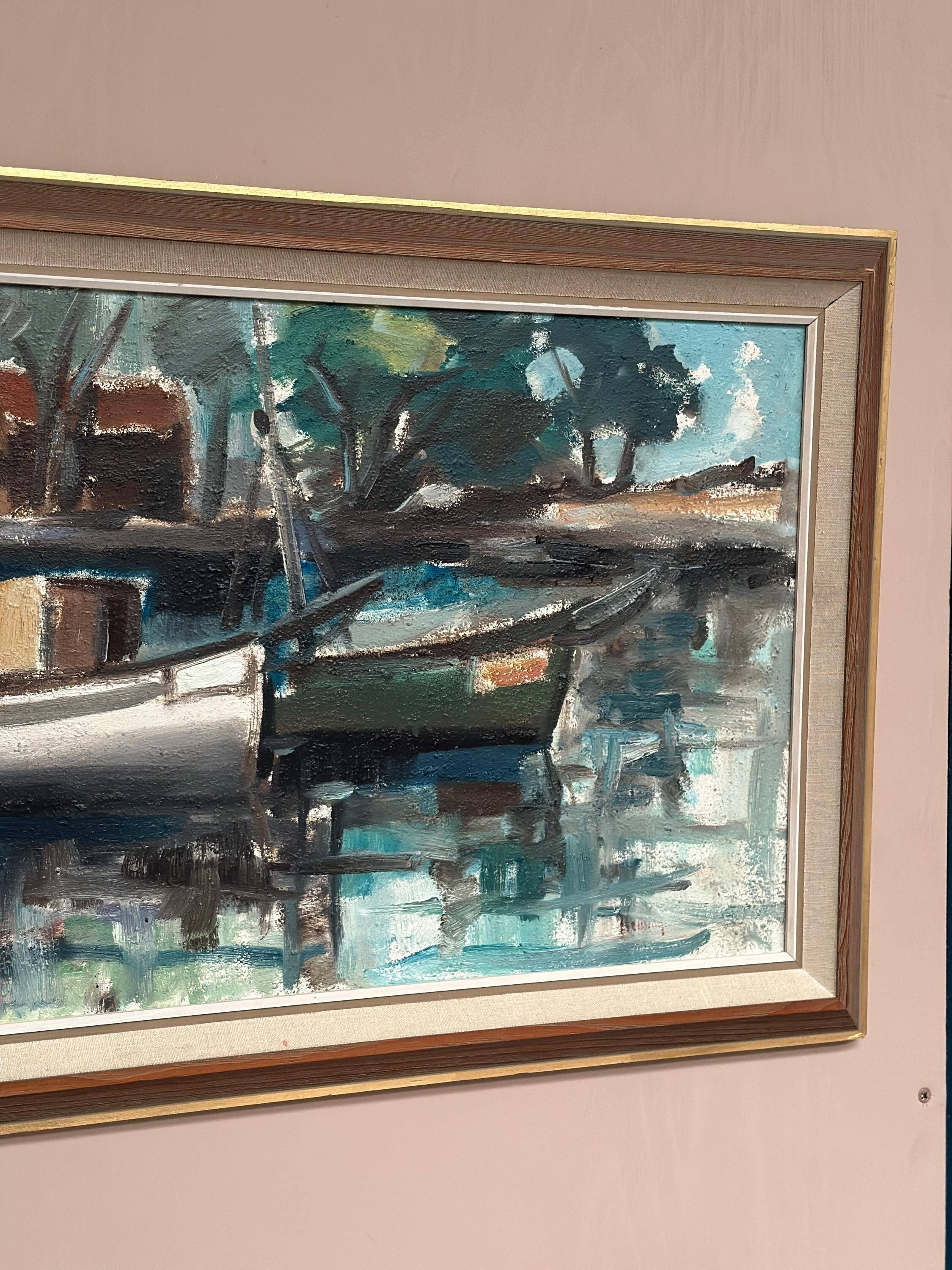 Huile sur panneau d'origine suédoise – « Motif de port » par Dag Björn Hellsing – Vintage et encadrée