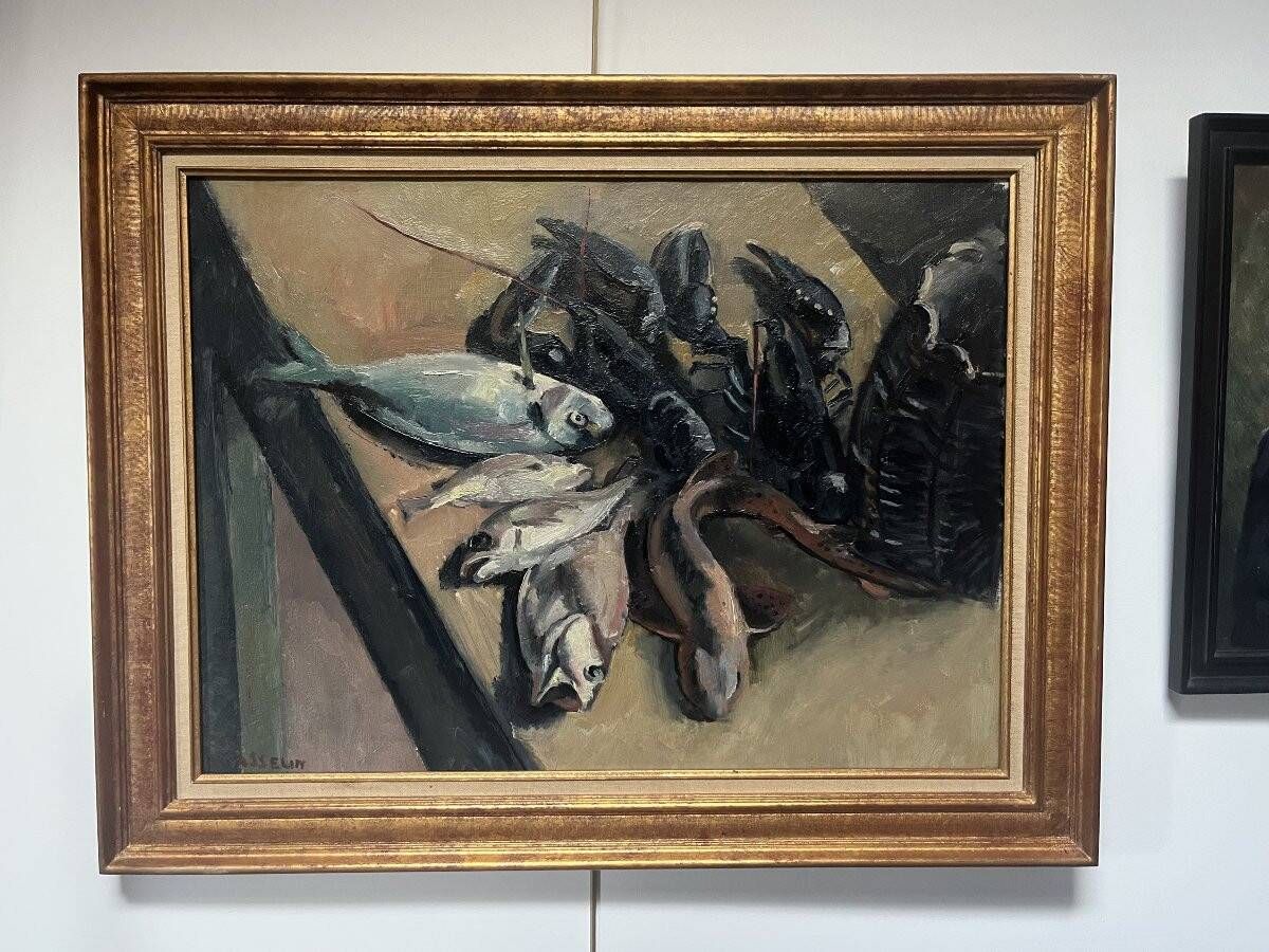 Still life with lobsters and fish, oil on canvas signed