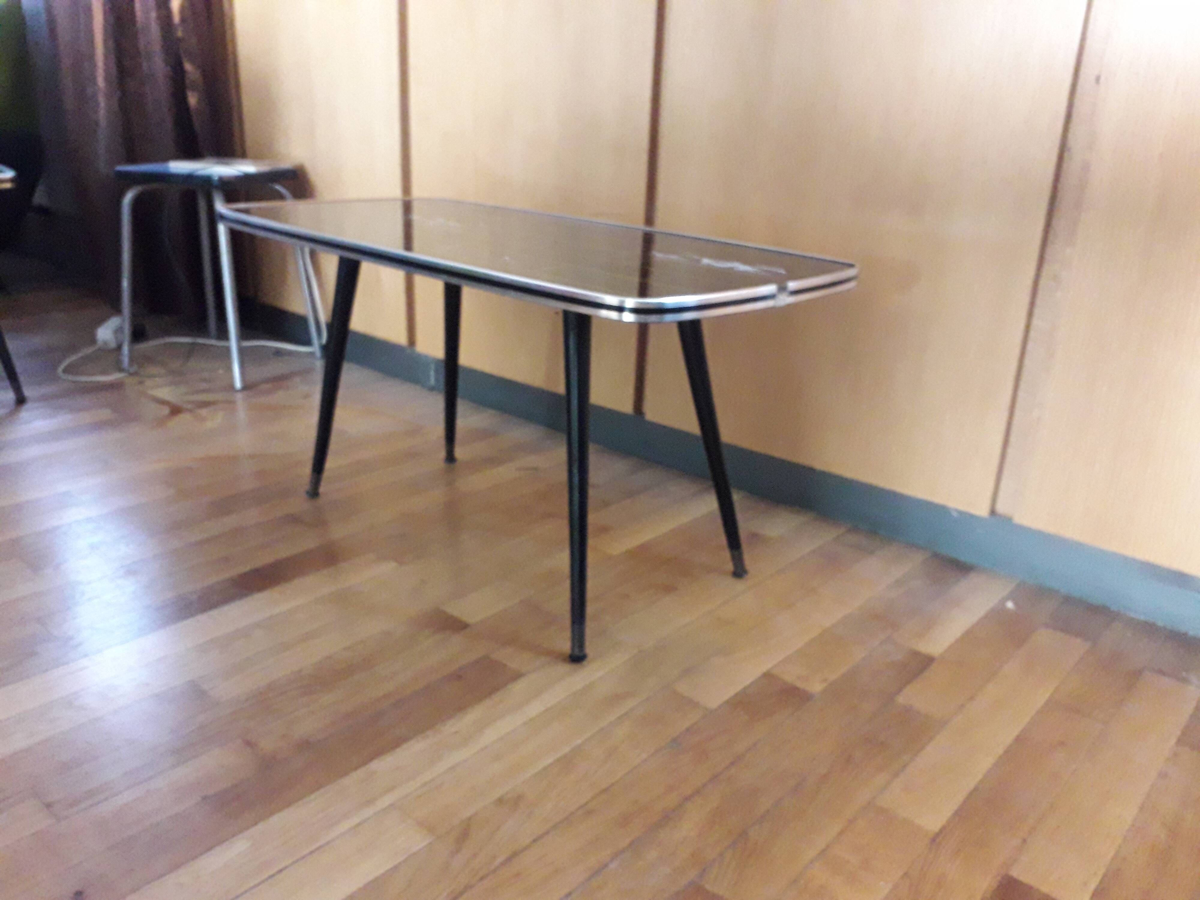 Coffee table formica feet compass glass tray 1960