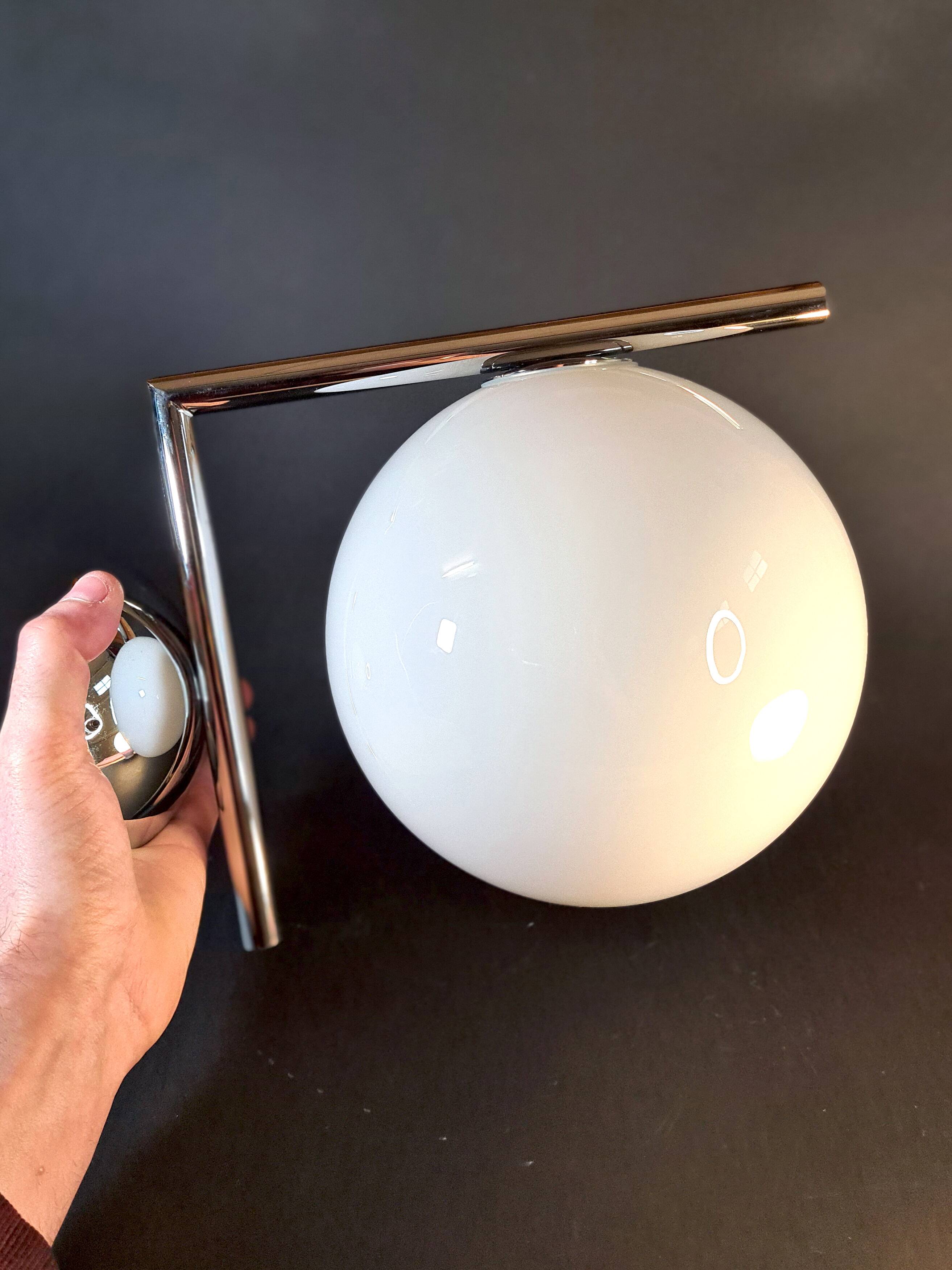 Pair of FLOS IC Lights C/W2 Wall Lights – Chrome & Globe Ø30 – Blown Glass