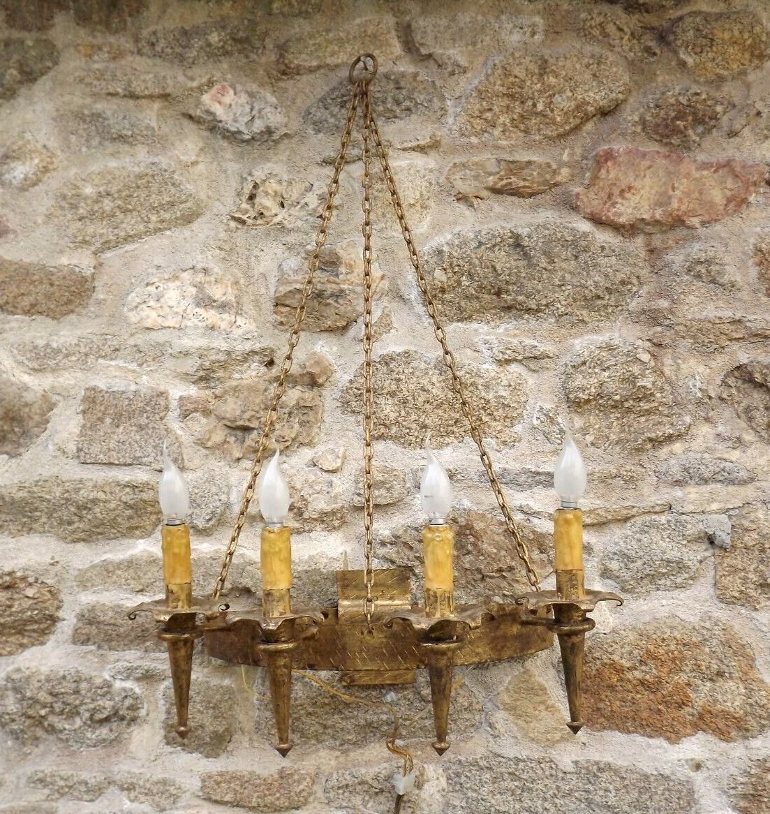French medieval gold hand forged wrought iron 4 light hanging wall light 3894