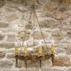French medieval gold hand forged wrought iron 4 light hanging wall light 3894