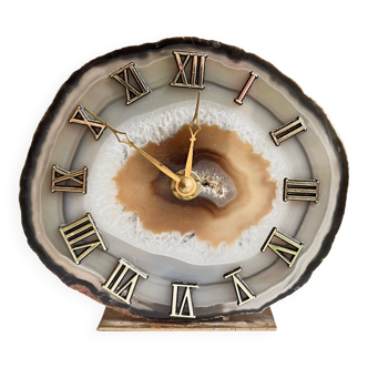 Horloge de table Willy Daro Agate Brass Junghans, Allemagne Années 1970