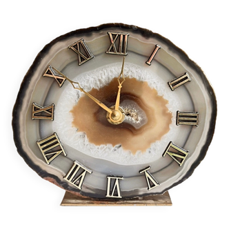 Table clock Willy Daro Agate Brass Junghans, Germany 1970s
