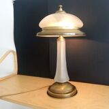 Vintage library brass and glass mushroom table lamp