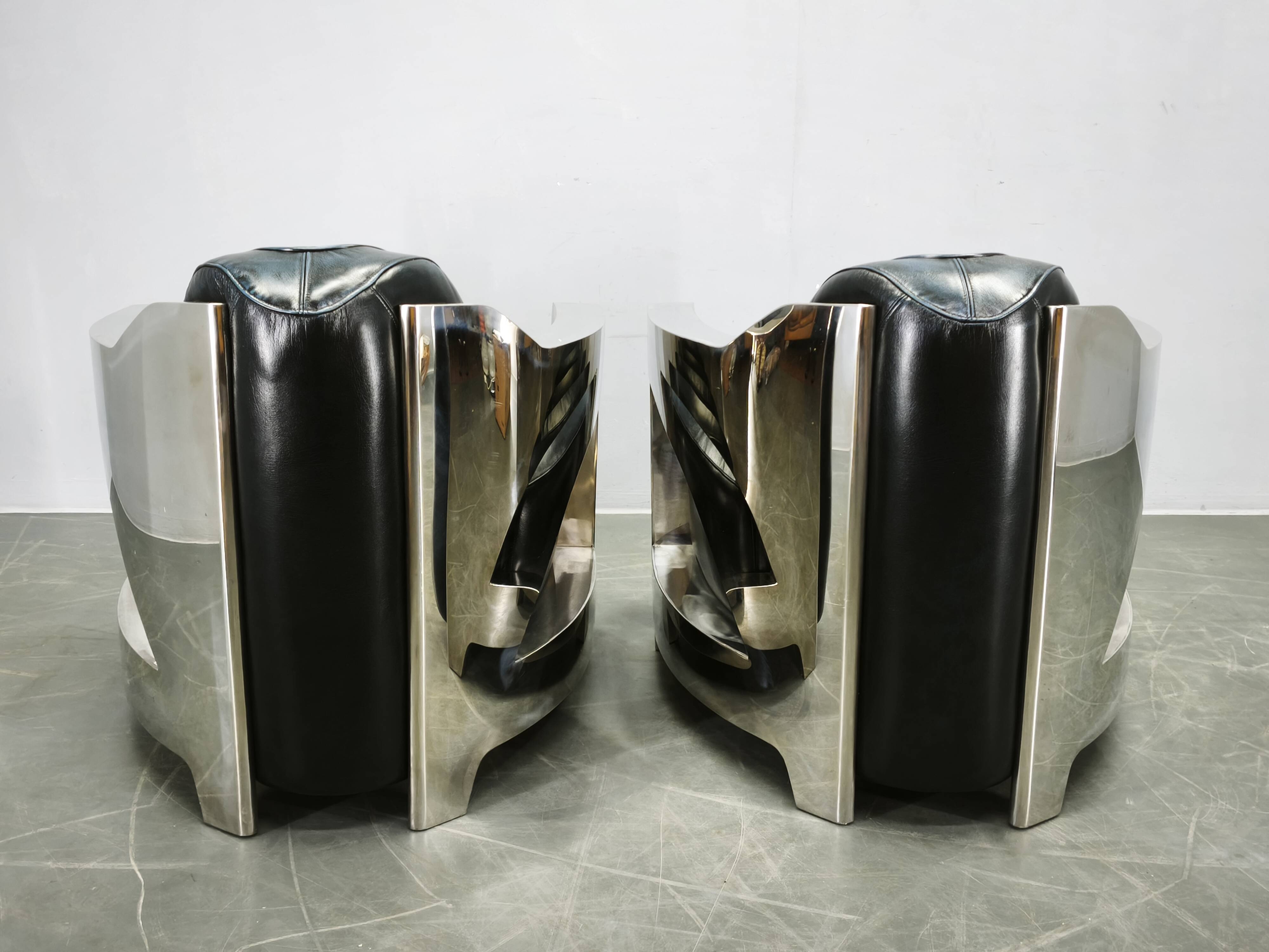 Pair of Timothy Oulton Aviator Leather and Steel Armchairs 1990s