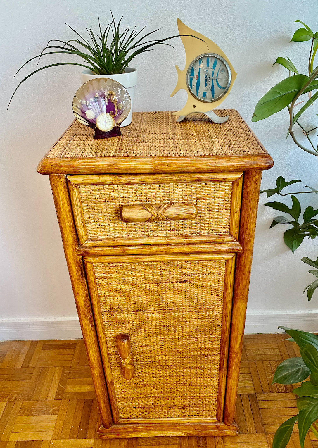 Vintage bedside table, bamboo rattan, late 1970