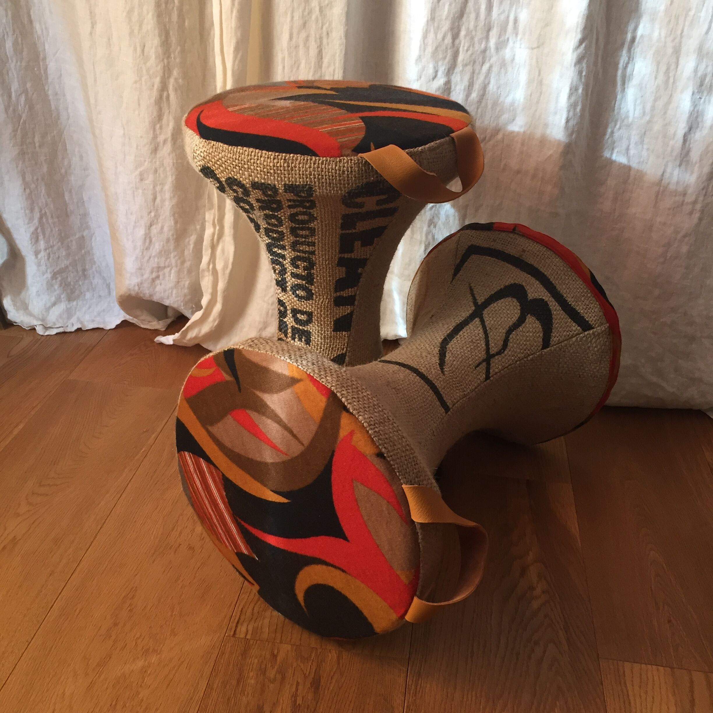 2 Tam-Tam stools dressed in burlap and original vintage fabric
