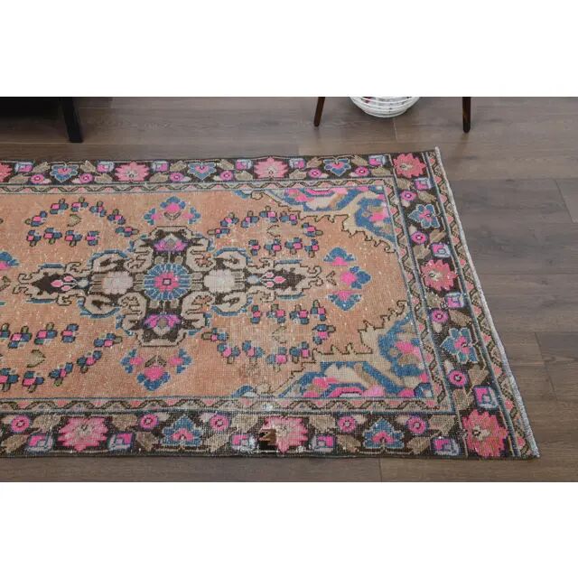 1970s Vintage Turkish Oushak Handmade Wool Cotton Pink Runner Rug 103x302
