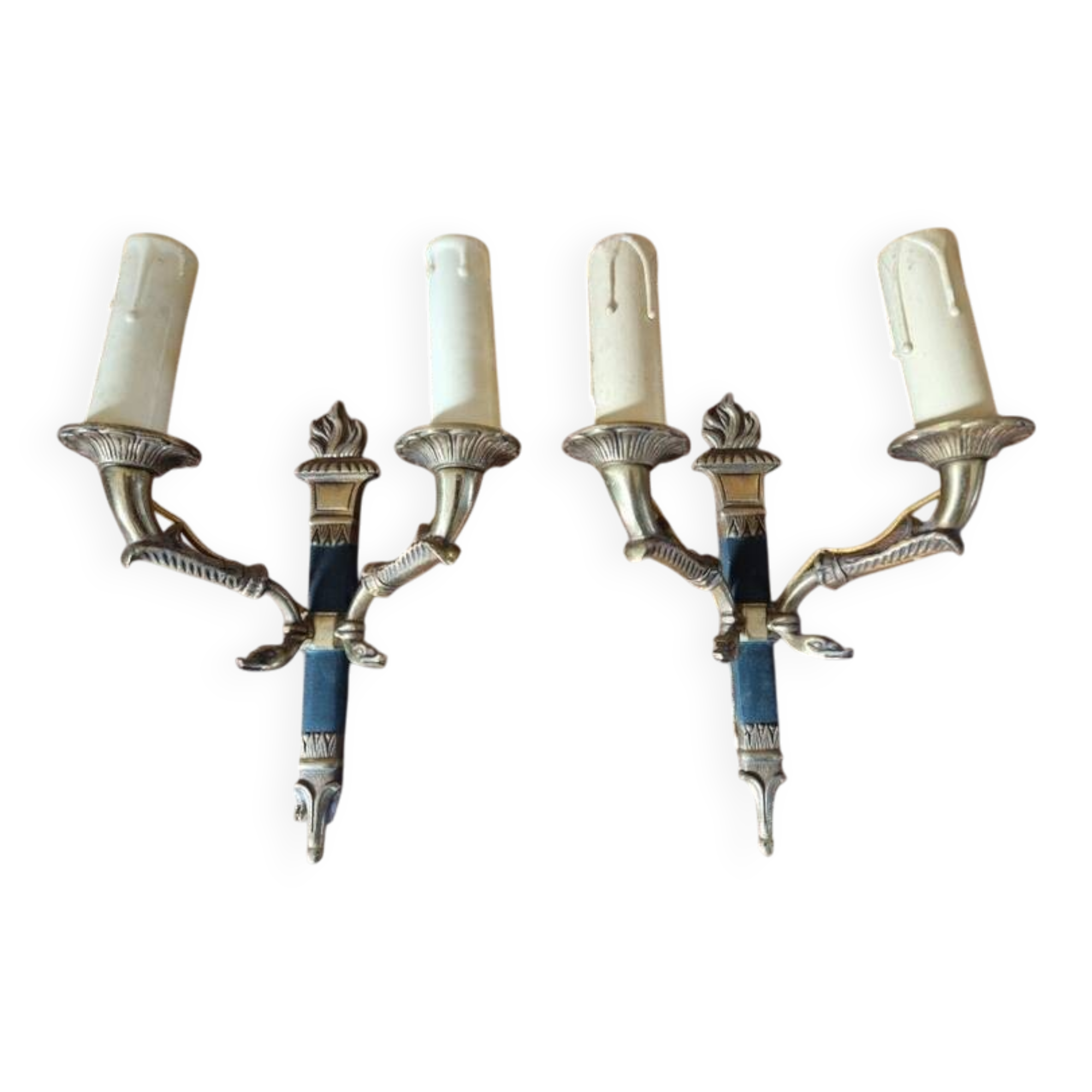 Pair of Empire-style wall sconces in gilded bronze and green lacquer.