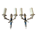 Pair of Empire-style wall sconces in gilded bronze and green lacquer.