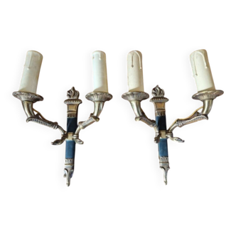 Pair of Empire-style wall sconces in gilded bronze and green lacquer.