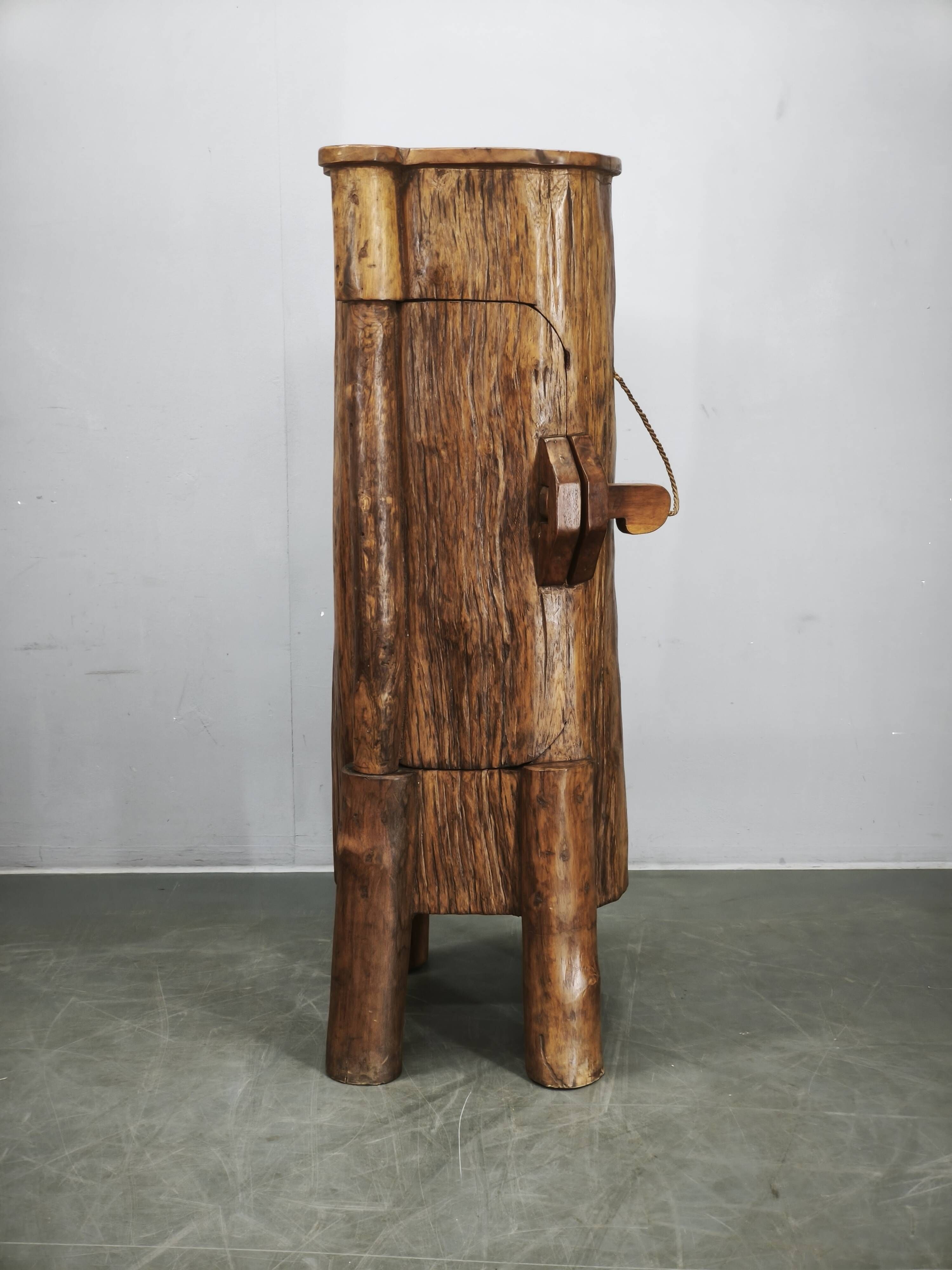 1960s French Brutalist Sculptural Solid Elm Wood Tree Trunk Cabinet