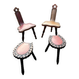 Lot de 2 chaises et 2 tabourets rustiques – cuir clouté et bois sculpté