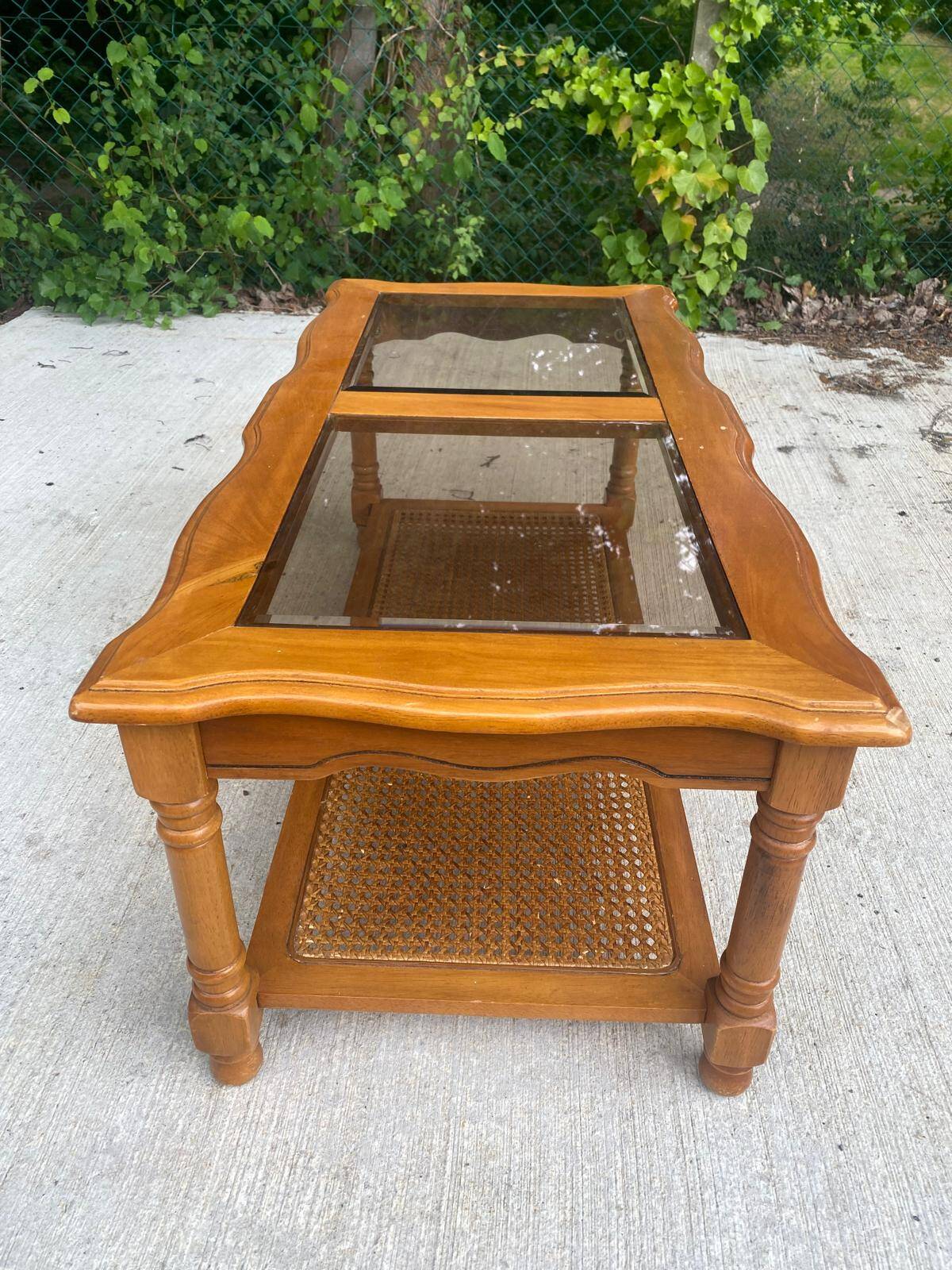 Vintage solid wood coffee table with glass and cane 100x50cm