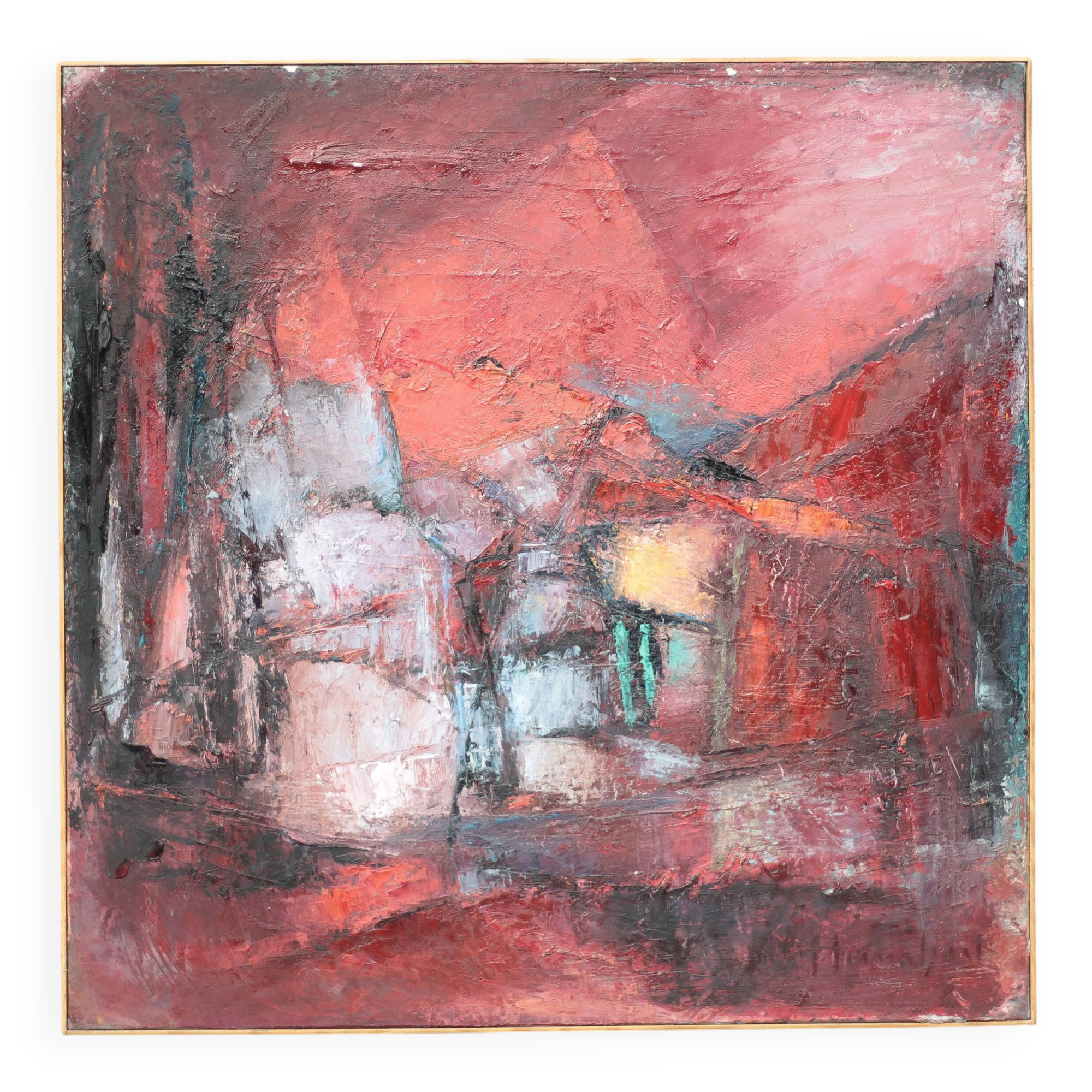 Oil on canvas signed Monique Humbert, abstract composition, wall painting, interior decoration.