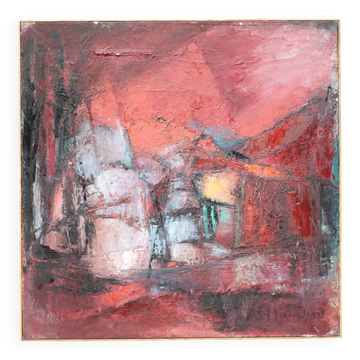 Oil on canvas signed Monique Humbert, abstract composition, wall painting, interior decoration.