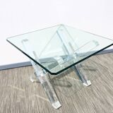 Table basse carrée ' Tréteaux ' . Plexi & verre. Vintage 80s