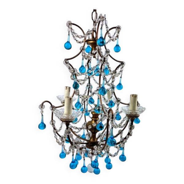 Lustre à pampilles italien perles bleues et bois doré — Beyit