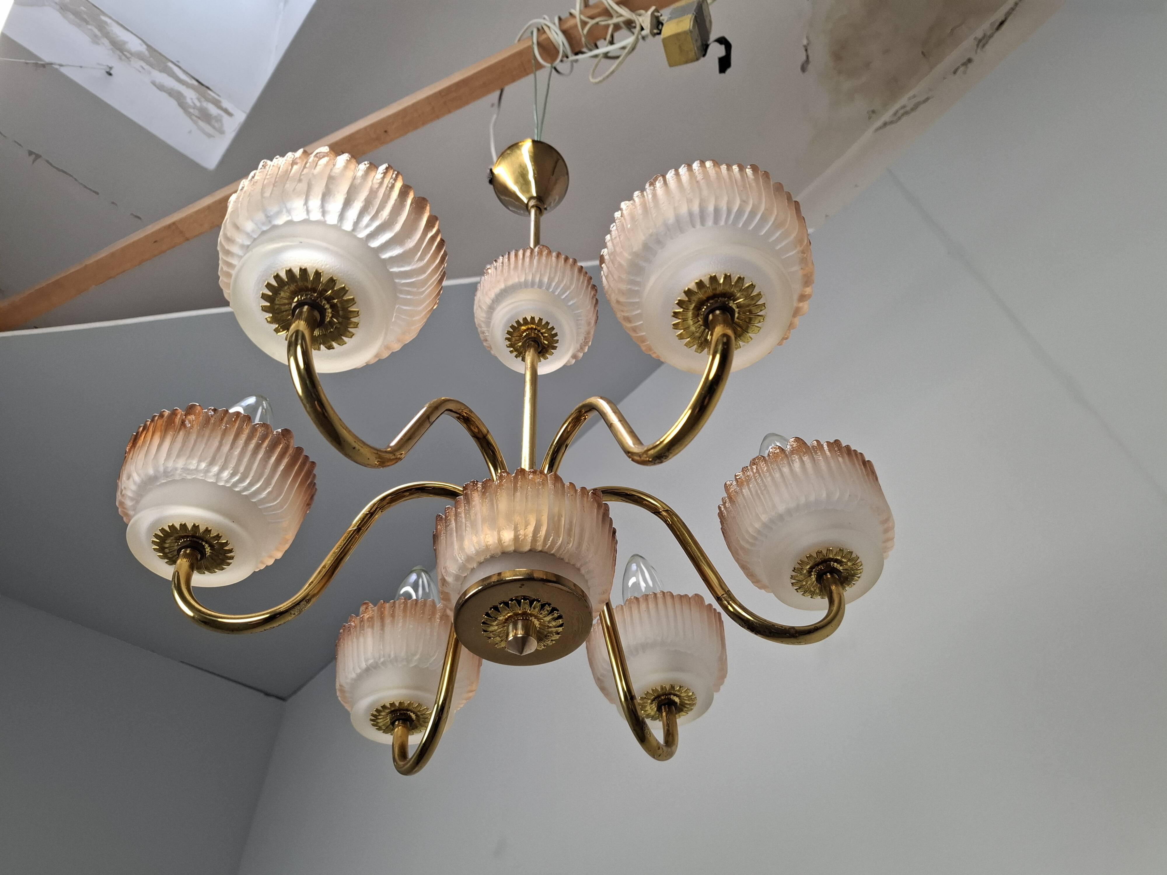 1960s Czech Mid-Century Brass and Železný Brod Frosted Glass Six-Arm Chandelier