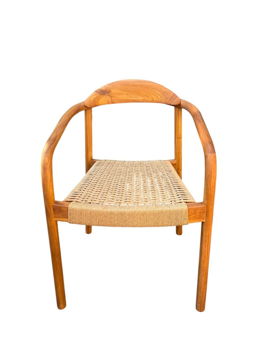 Set of 4 solid wood chairs with cord and armrests.