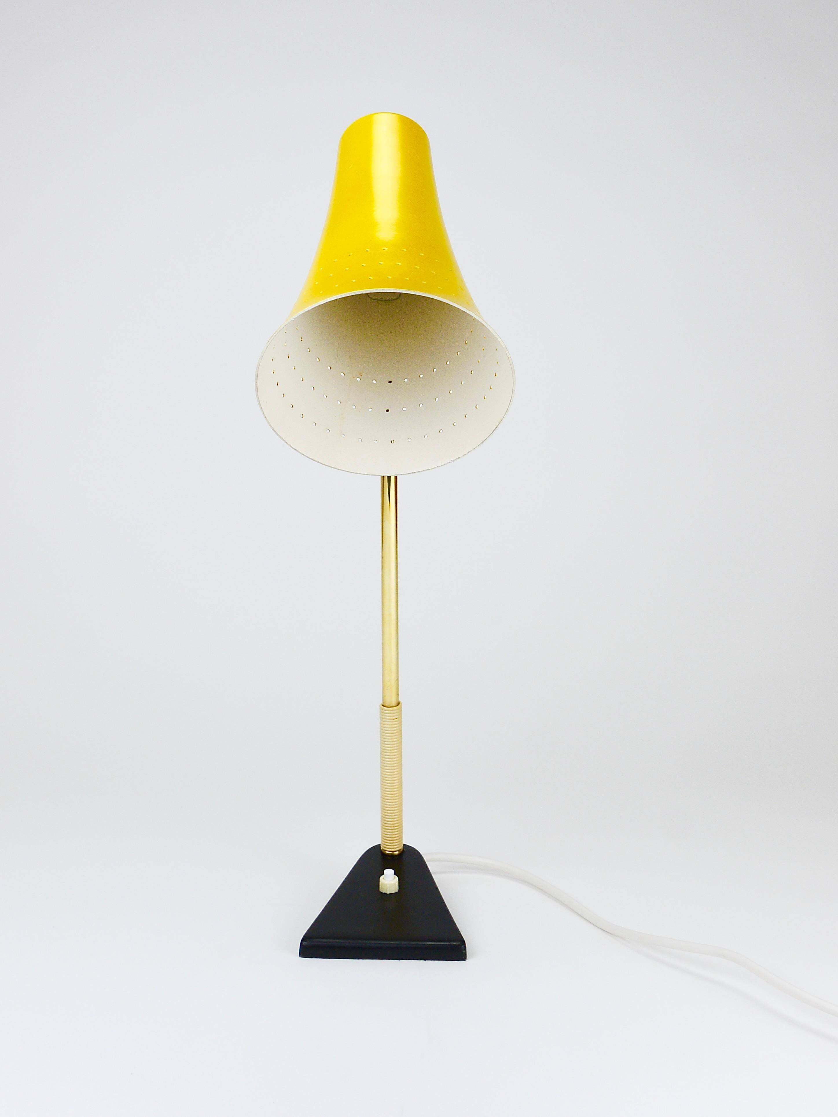 Yellow desk, table or accent lamp by J.T. Kalmar, brass and iron, Vienna, Austria, 1950s.