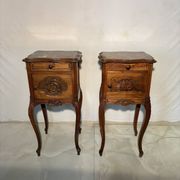 Pair of antique bedside tables with marble top and ceramic niche