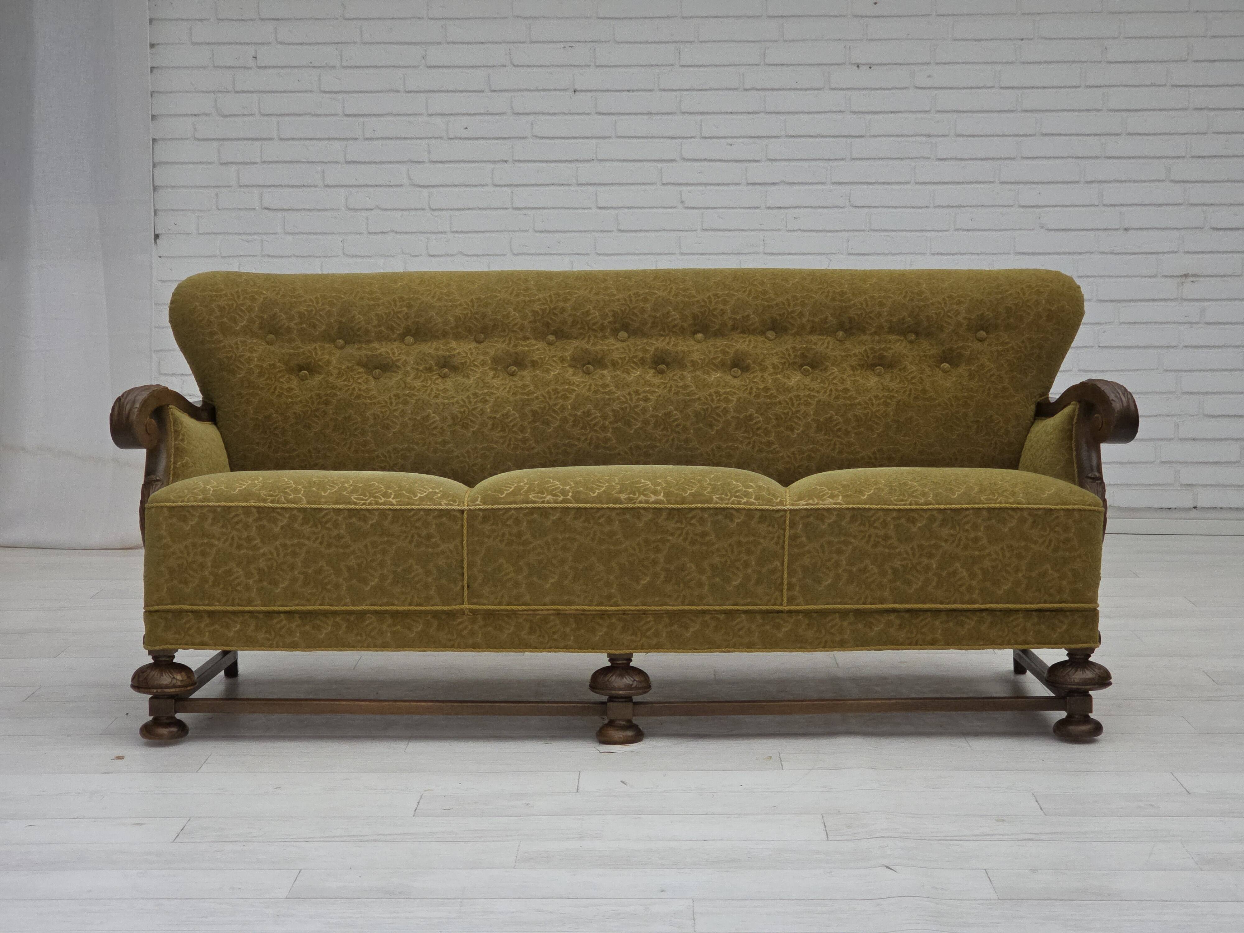 1960s, 3-seater Danish sofa, cotton/wool furniture fabric, solid oak wood.