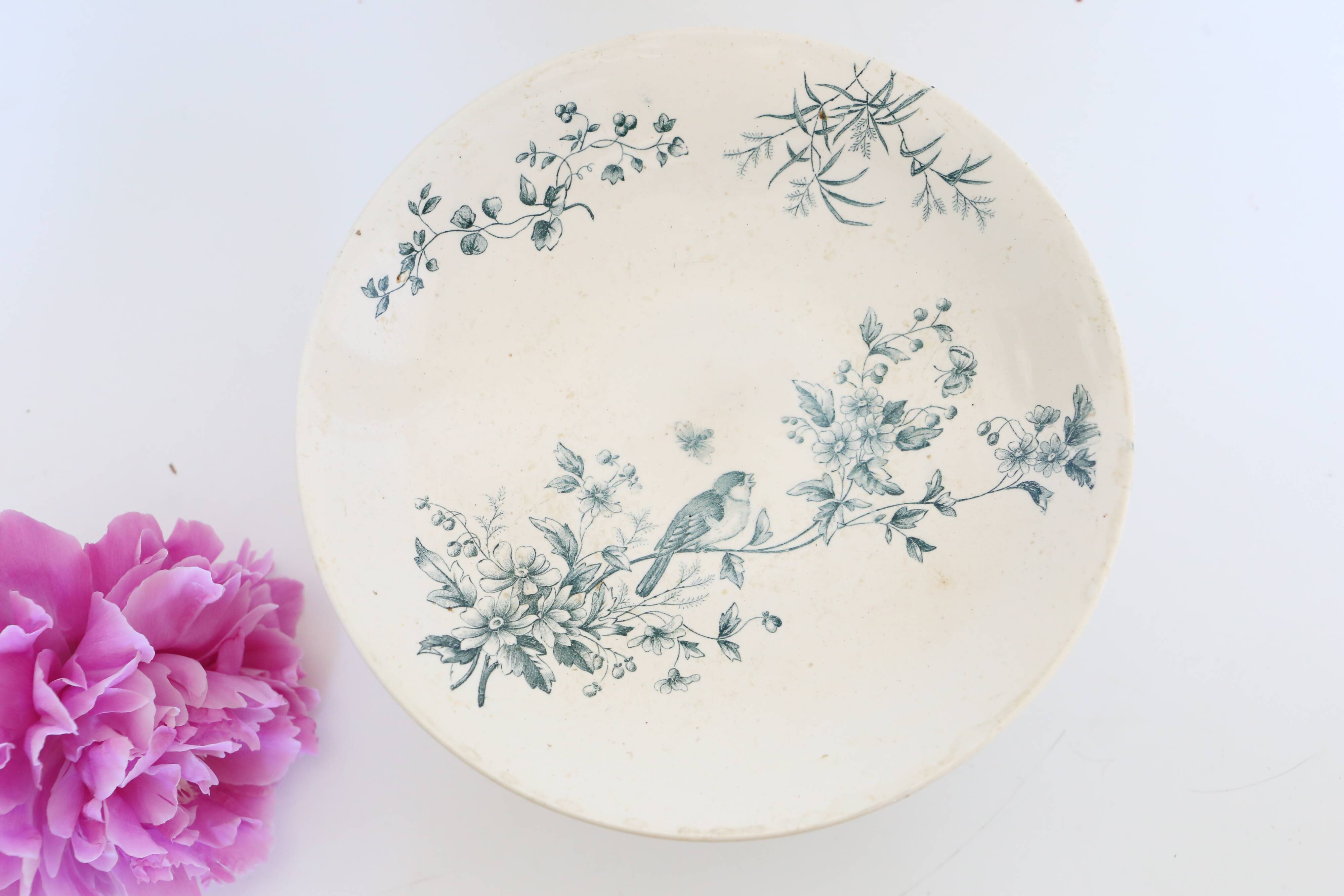 Servant dish on piedouche / compotier, Terre de Ferre, Longwy cute pattern, Vintage, early 19th