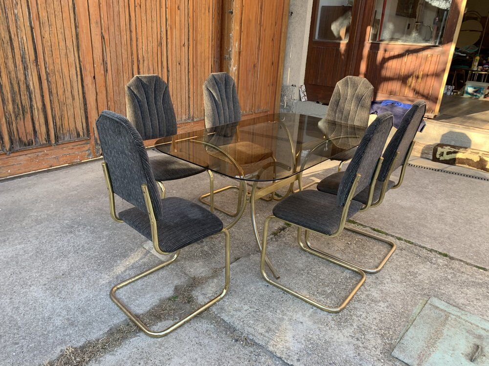 Chaises et table de salle à manger italiennes vintage en laiton, années 1970, lot de 7